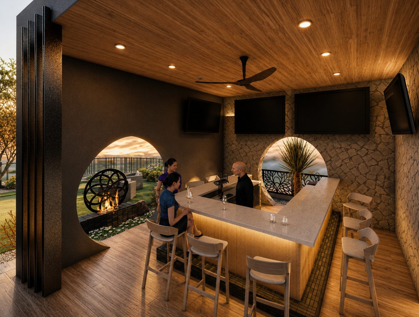 3D rendering of a covered outdoor bar with TVs and circular stone openings in the evening
