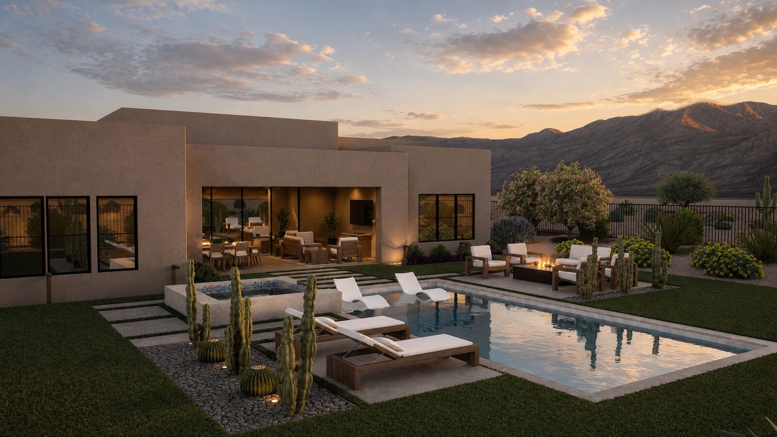 3D rendering of a desert-modern home with a pool and spa, a sculptural cactus garden, and a fire-pit lounge at sunset