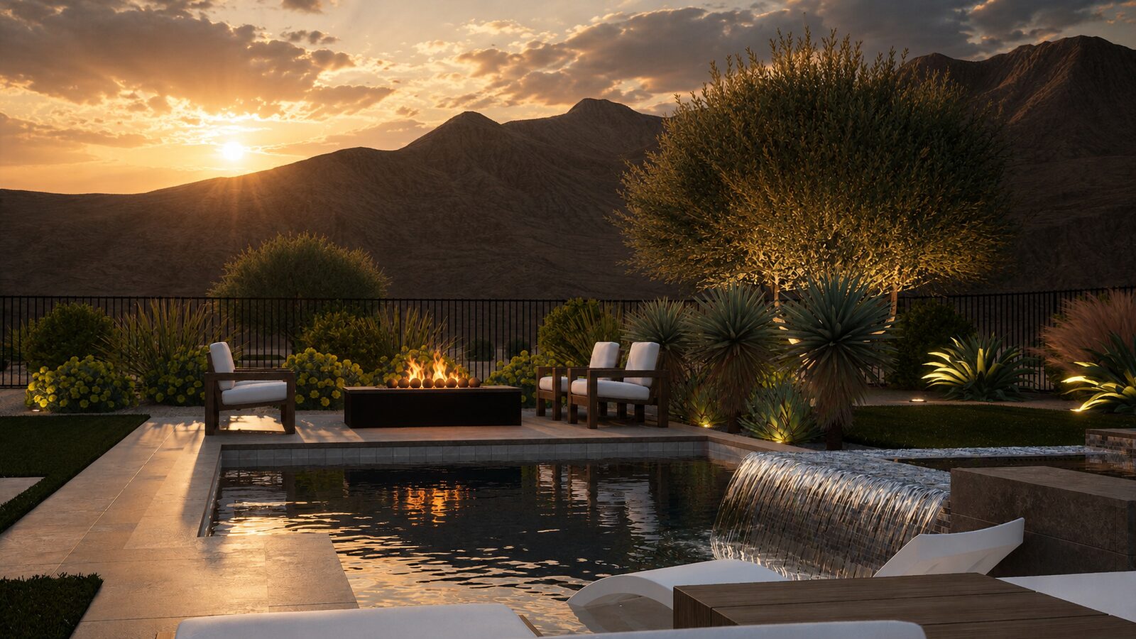 3D rendering of a pool with a fire table, a mature olive tree, agaves and yuccas, and a sheer-descent water feature at a mountain sunset