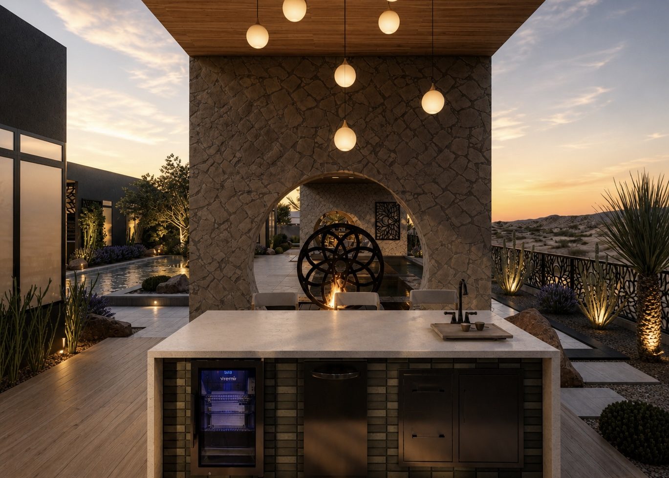3D rendering of an outdoor kitchen island and stone arch with a fire feature at sunset