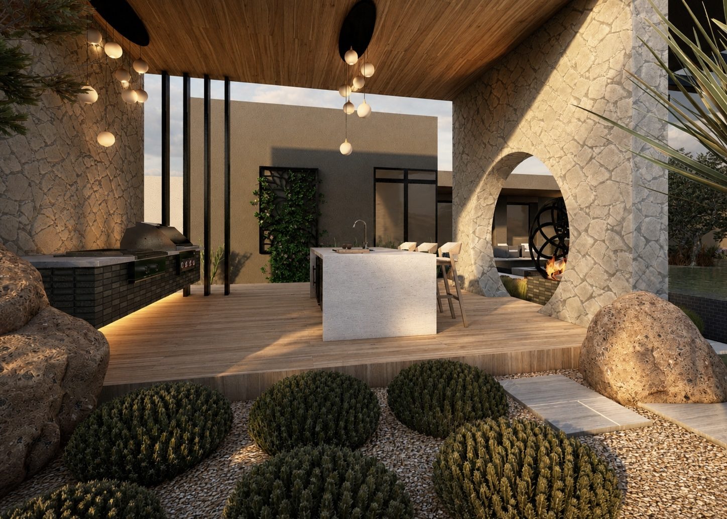 3D rendering of an outdoor kitchen with a circular stone opening and pendant lighting at dusk