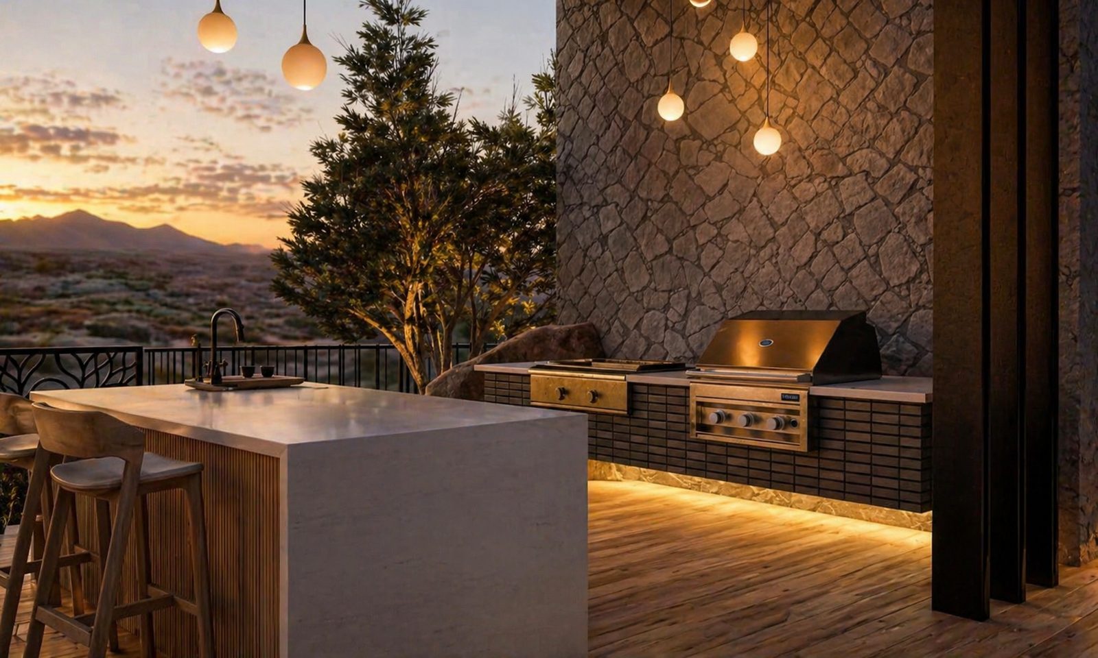 3D rendering of an outdoor kitchen with stacked-stone wall and pendant lighting overlooking a mountain sunset