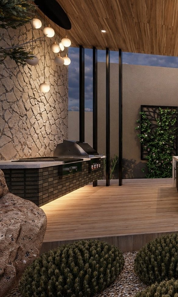 3D rendering of an outdoor kitchen with stone wall and wood ceiling
