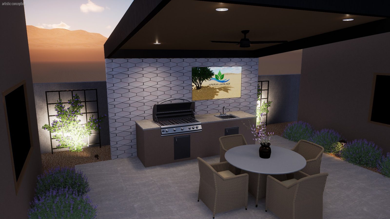 3D rendering of a covered outdoor kitchen and dining ramada with built-in grill and trellis planting