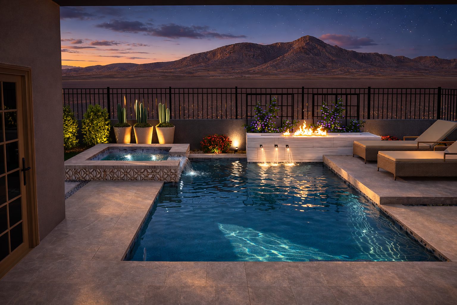 3D rendering of a custom pool and spa at night with fire features and landscape lighting