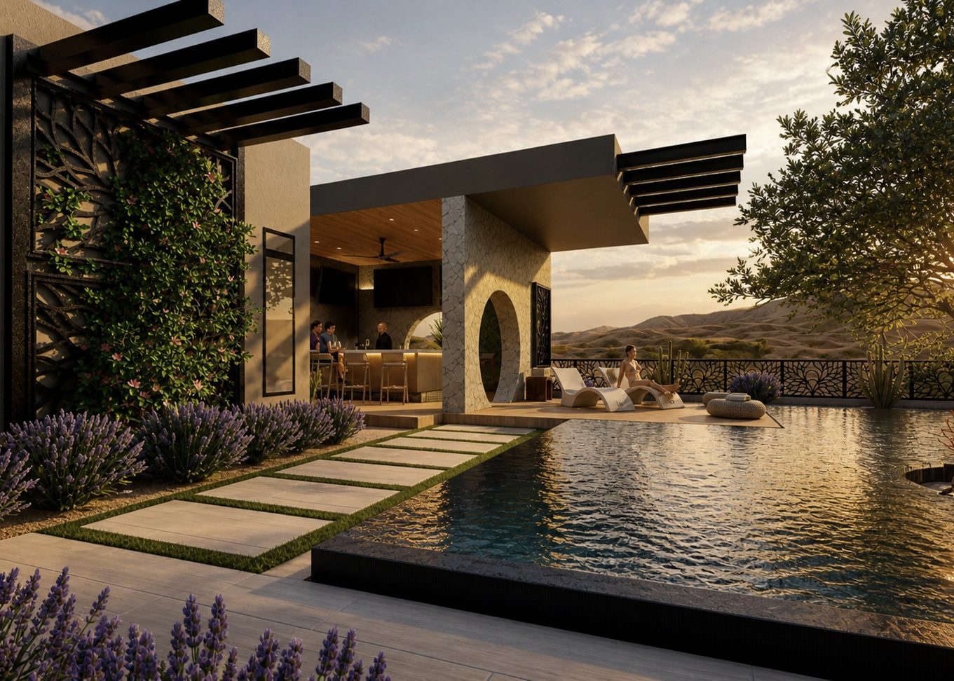 3D rendering of a poolside ramada bar with stone walls and a living wall at sunset