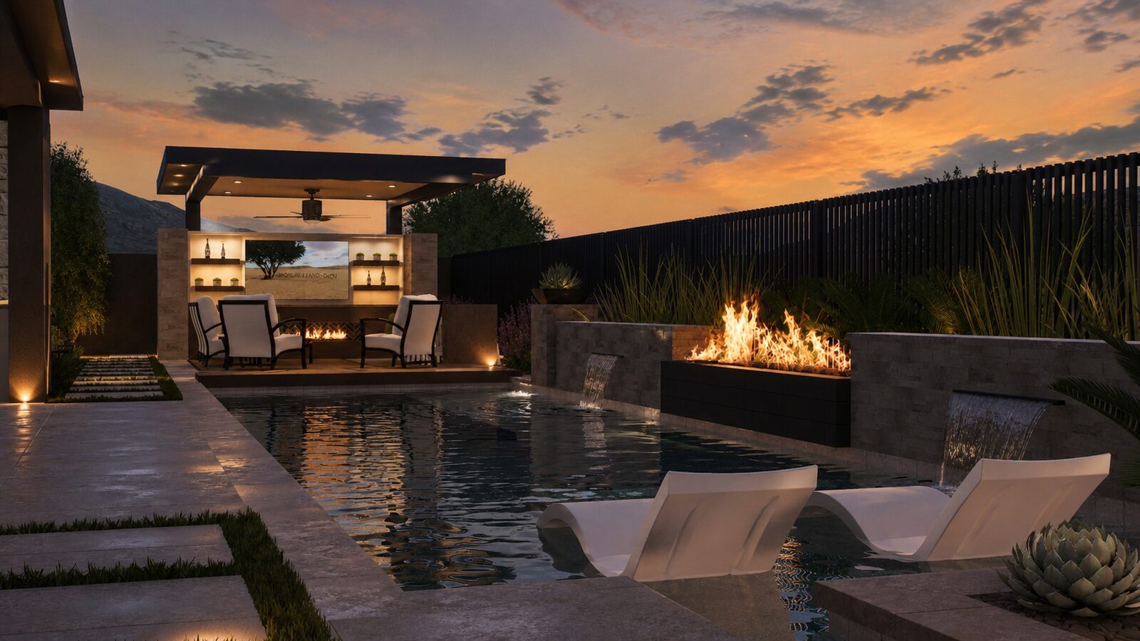3D rendering of a covered poolside ramada with a linear fire-feature planter, water bowls, and in-pool loungers at dusk