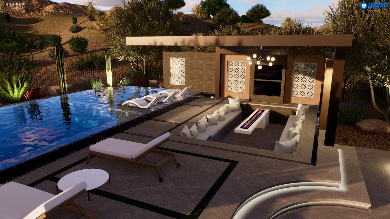 3D rendering of an infinity pool with a sunken fire-feature lounge and shade ramada