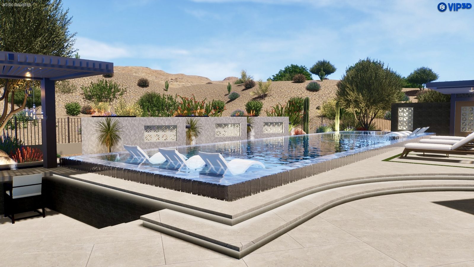 3D rendering of a desert-modern infinity-edge pool with sun-shelf loungers and decorative screen wall