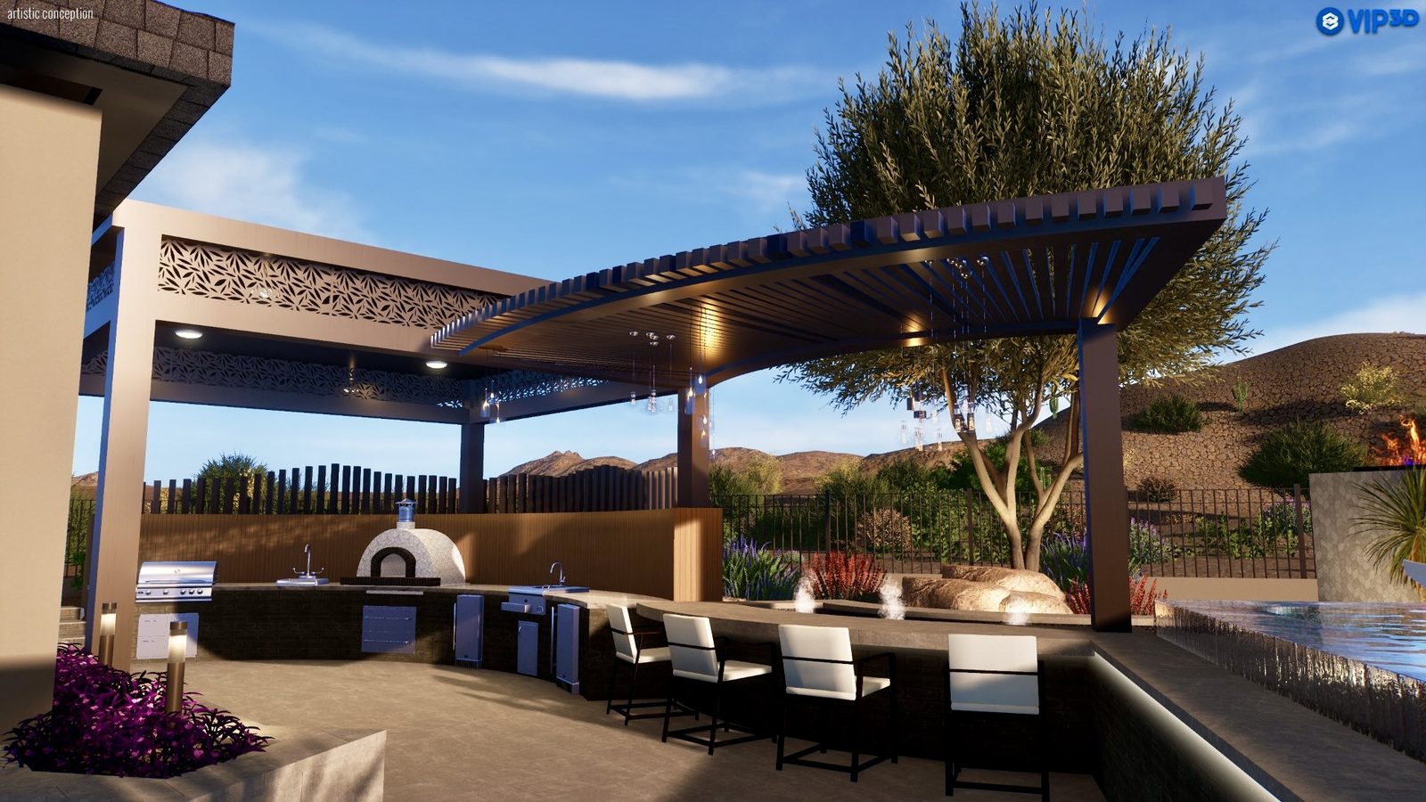 3D rendering of an outdoor kitchen and bar under a curved pergola with a pizza oven