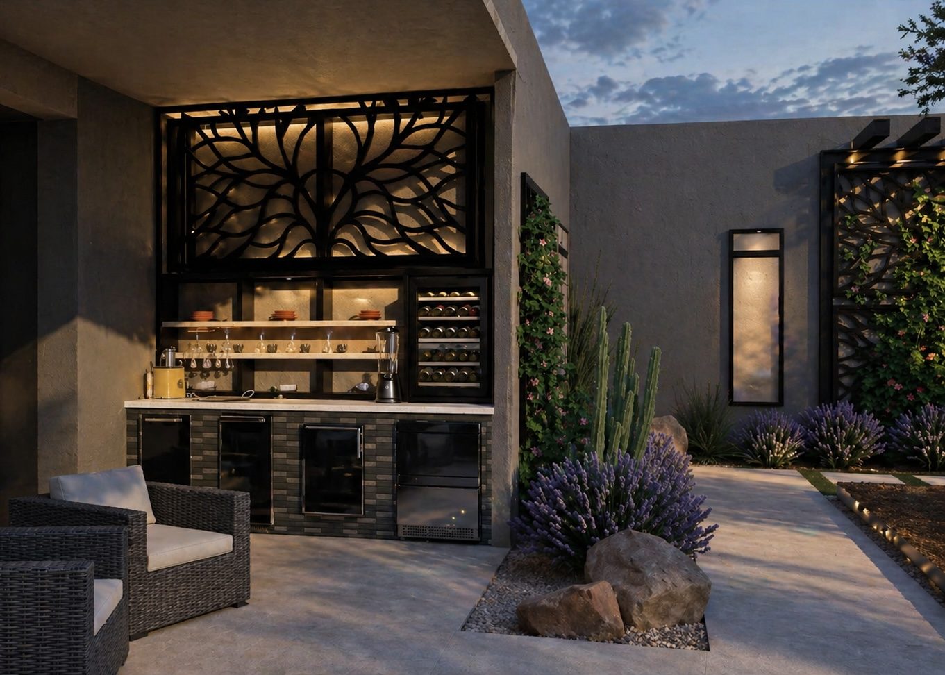 3D rendering of an outdoor wet bar with a decorative metal screen and climbing vines at dusk